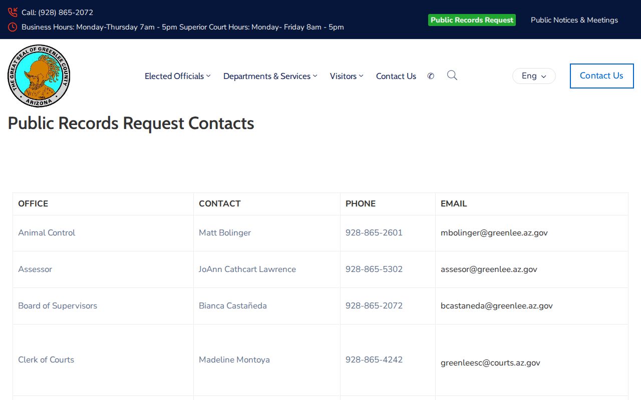 Greenlee County public records request contacts page